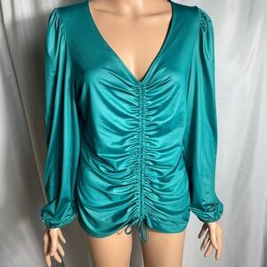 Marc New York Women’s Size L Teal Ruched V-Neck Blouse Long Sleeve